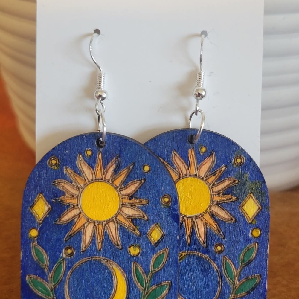 Handmade Boho Sunflower and Moon Blue Earrings Wood Hand Painted Light Weight